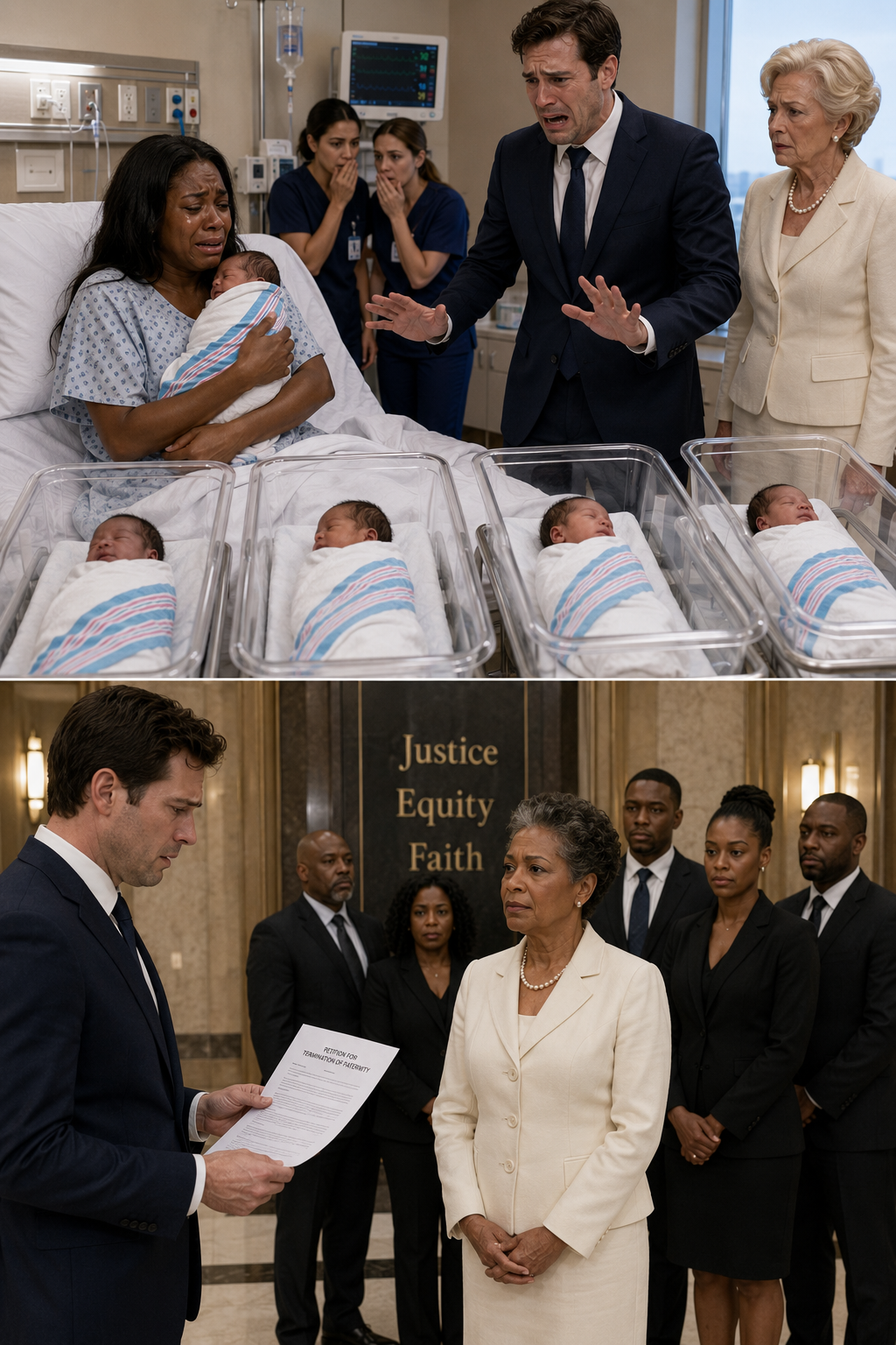 All five babies in the bassinets were Black. My husband took one look and shouted, “They’re not my children!” Then he walked out of the hospital and never came back. I held five newborns alone as nurses whispered and doors closed behind him. Thirty years later, he stood before us again— and the truth waiting for him shattered everything he thought he knew.