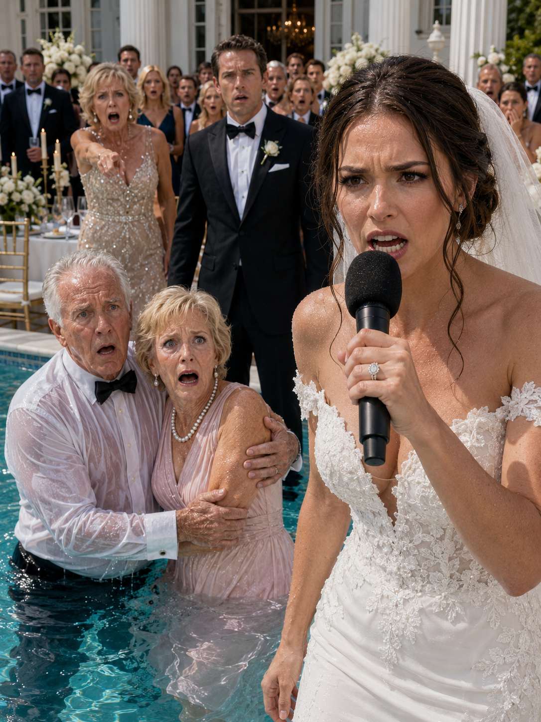 At my wedding, my mother-in-law looked my parents up and down with disgust and scoffed, “I’ve never seen such a miserable, poor family.” Then she pushed them into the pool, laughing, “Time to rinse off that smell of poverty.” My fiancé never lifted a finger. I walked to the microphone and said, “The wedding is canceled—and by tomorrow morning, your family empire will collapse.” Then I placed one phone call.
